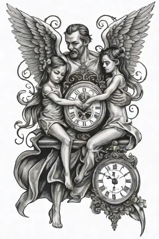 clocks with two daughters on father and one baby angel tattoo design idea