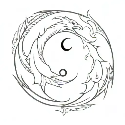 minimal tattoo design of a pair of tattoos, Yin and Yang, Yin in minimal phoenix design, Yang in minimal dragon design tattoo design idea