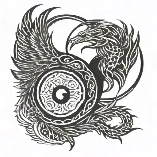 minimal tattoo design of a pair of tattoos, Yin and Yang, Yin in minimal phoenix design, Yang in minimal dragon design tattoo design idea