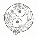 minimal tattoo design of a pair of tattoos, Yin and Yang, Yin in minimal phoenix design, Yang in minimal dragon design tattoo design idea