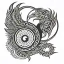 minimal tattoo design of a pair of tattoos, Yin and Yang, Yin in minimal phoenix design, Yang in minimal dragon design tattoo design idea