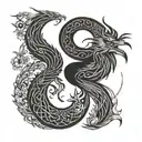 minimal tattoo design of a pair of tattoos, Yin and Yang, Yin in minimal phoenix design, Yang in minimal dragon design tattoo design idea