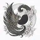 minimal tattoo design of a pair of tattoos, Yin and Yang, Yin in minimal phoenix design, Yang in minimal dragon design tattoo design idea