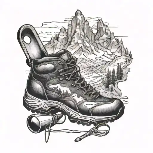 A detailed blackwork tattoo of a mountain landscape with hiking boots at the base, incorporating baking utensils in the background tattoo design idea