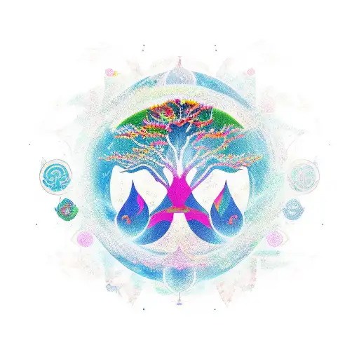 A vibrant and colorful new-school design featuring Uncle Iroh sitting beneath a white lotus tree, with the leaves shaped like different elements from Avatar: The Last Airbender. tattoo design idea