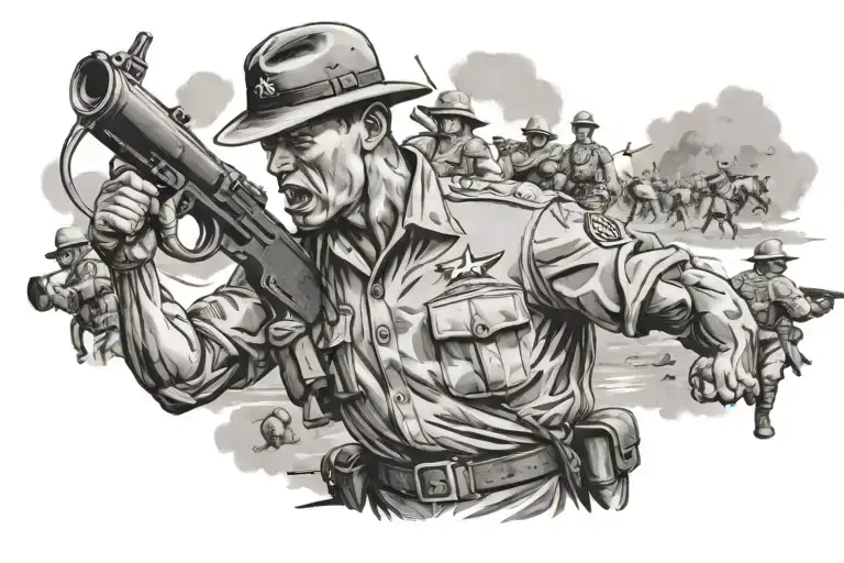 A fierce drill instructor barking orders with a backdrop of a battlefield scene tattoo design idea
