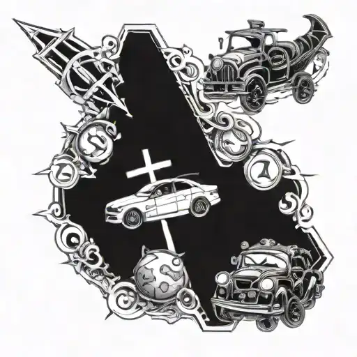 cross and cancer horoscope with cars tattoo design idea