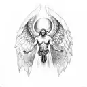 Contrast of good and evil with hands holding a rosary and wings of angel and demon tattoo design idea
