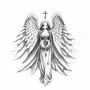 Contrast of good and evil with hands holding a rosary and wings of angel and demon tattoo design idea