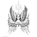 Contrast of good and evil with hands holding a rosary and wings of angel and demon tattoo design idea