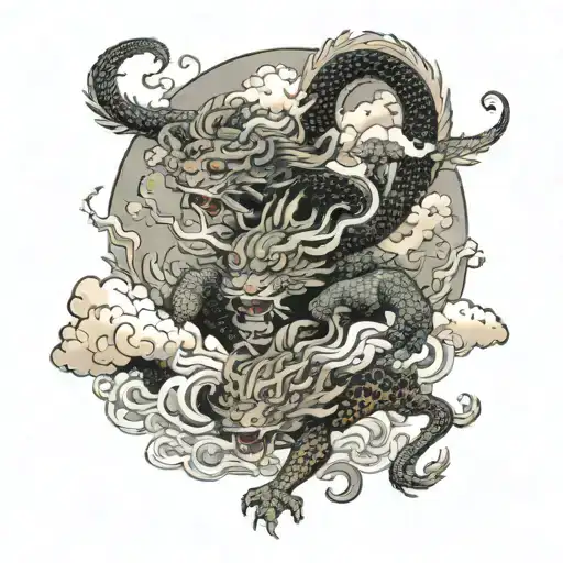Back tattoo of dragon fighting a tiger in the clouds tattoo design idea