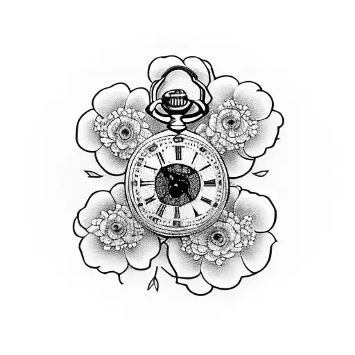 pocket watch surrounded by flowers tattoo design idea