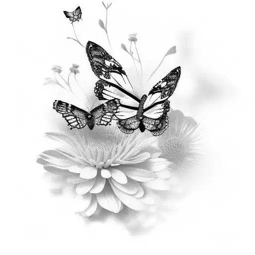 butterflies with botanical flowers tattoo design idea