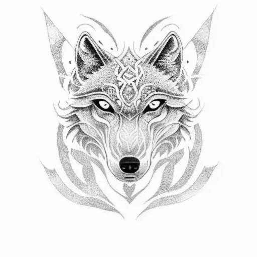 A detailed dotwork tattoo of Fenrir, the wolf from Norse mythology, surrounded by intricate norse symbols tattoo design idea