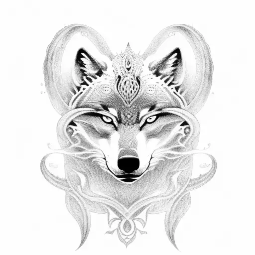 A detailed dotwork tattoo of Fenrir, the wolf from Norse mythology, surrounded by intricate norse symbols tattoo design idea