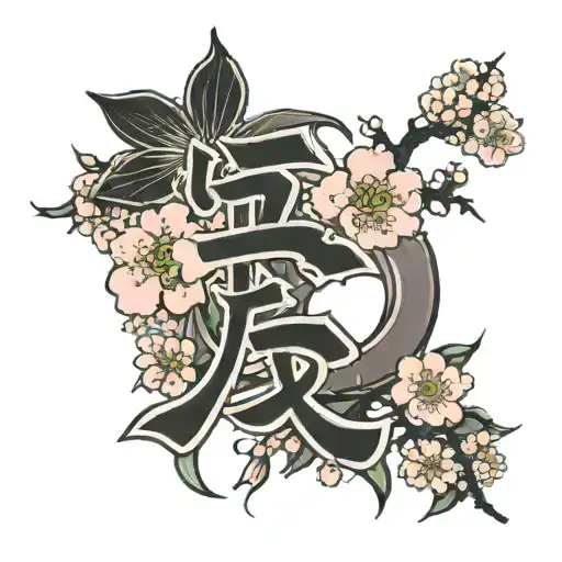 Japanese cherry blossom and Japanese letters Power and strength   tattoo design idea