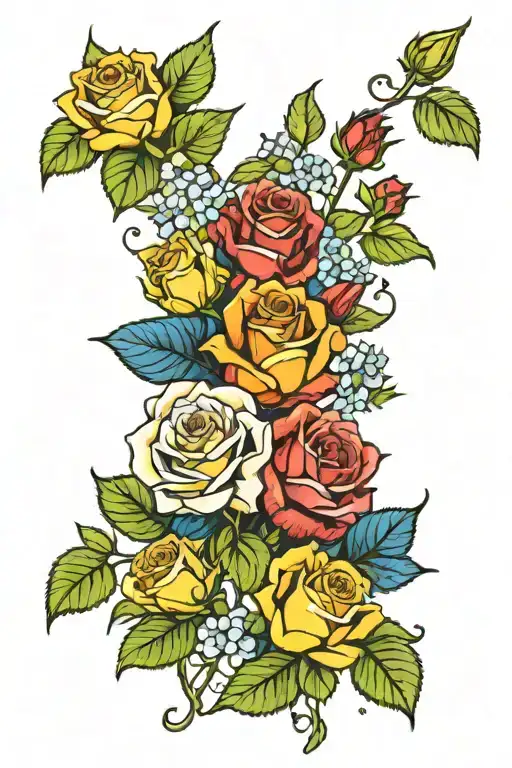 Printable Design area 12×12. 7 flowers connected 1 yellow rose, 1 orange rose, 1 red rose, 1 blue hydrangea, 1 sun flowe tattoo design idea