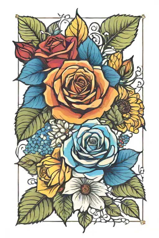 connected 1 yellow rose, 1 orange rose, 1 red rose, 1 blue hydrangea, 1 sun flower, 1 gerbera daisy, 1 Red, white, blue  tattoo design idea