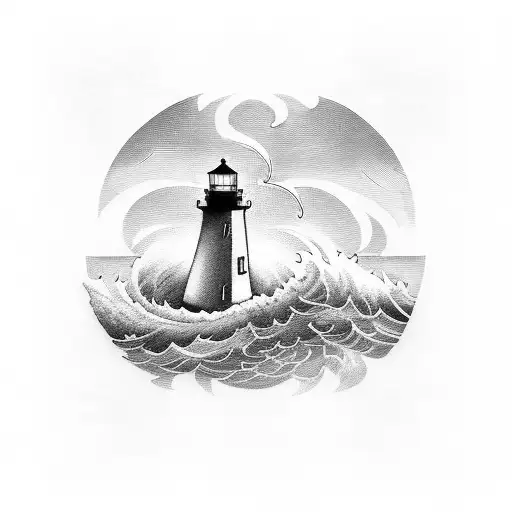 A blackwork tattoo of a lighthouse on a stormy sea with crashing waves and dark clouds overhead tattoo design idea