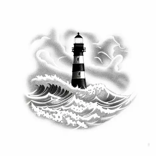 A blackwork tattoo of a lighthouse on a stormy sea with crashing waves and dark clouds overhead tattoo design idea