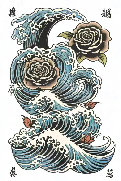 Japanese waves flowing with a rose and 21.09.1945 date on it tattoo design idea