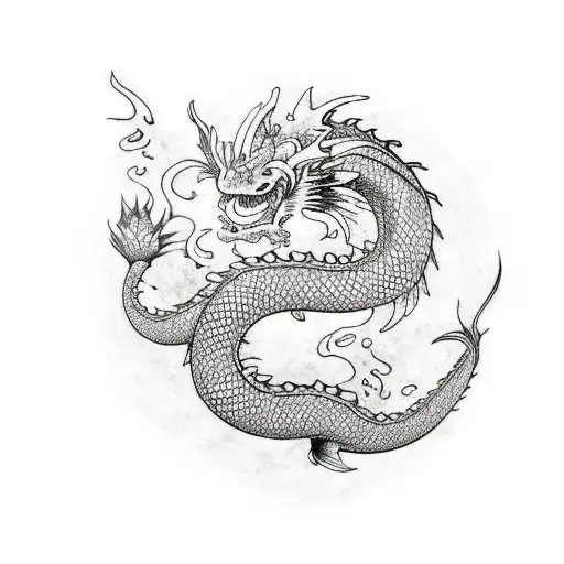 Dragon, Koi, water, cherry blossoms, Black and white,  tattoo design idea