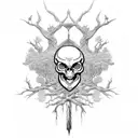 A skeletal tree with branches forming the shape of a skull tattoo design idea