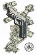 a tatto sleeve with a money,croos and a glock tattoo design idea