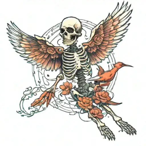 skeleton desolving into birds flying tattoo design idea