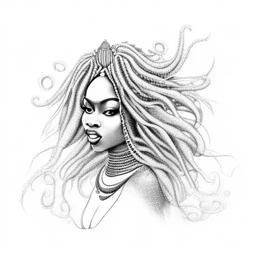 Oshun as a regal African woman with flowing locs, radiating grace and beauty.  tattoo design idea