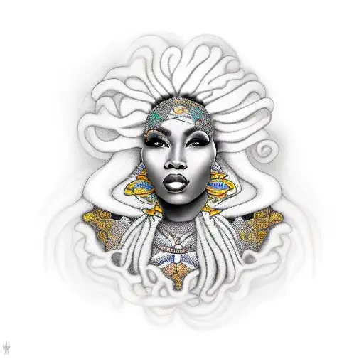 Oshun as a regal African woman with flowing locs, radiating grace and beauty.  tattoo design idea