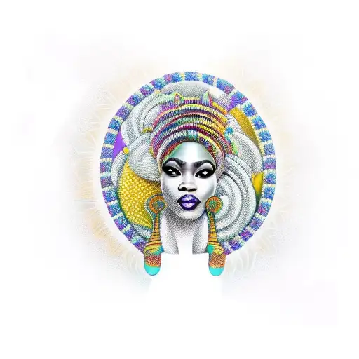 Oshun as a regal African woman with flowing locs, radiating grace and beauty.  tattoo design idea