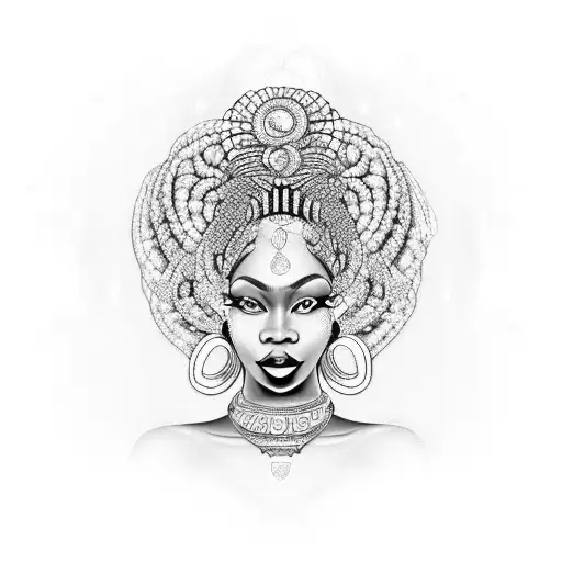Oshun as a regal African woman with flowing locs, radiating grace and beauty.  tattoo design idea
