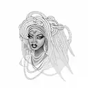 Oshun as a regal African woman with flowing locs, radiating grace and beauty.  tattoo design idea