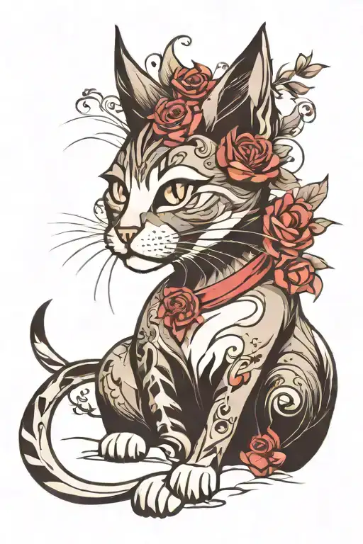 confident and self-empowered slender bipedal female minimalistic cat tattoo design,  tattoo design idea