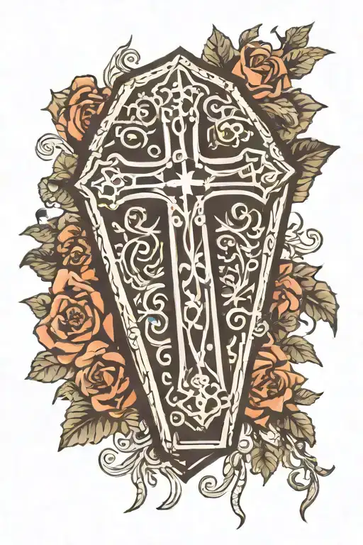 coffin with a gothic style cross, halloween style tattoo design idea
