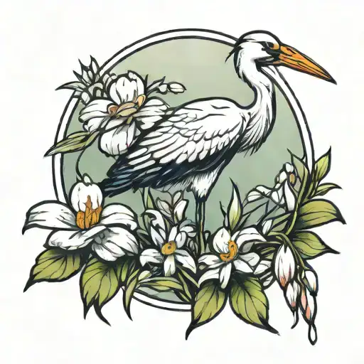 stork bird with snow drop flower growing tattoo design idea