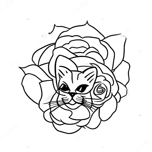 A minimalist outline of a cat driving a car on a road made of roses tattoo design idea