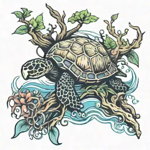 large piece with a mangrove tree and the roots going into the water, under the water is a sea turtle and a jellyfish tattoo design idea
