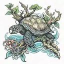 large piece with a mangrove tree and the roots going into the water, under the water is a sea turtle and a jellyfish tattoo design idea