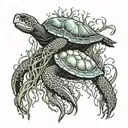 large piece with a mangrove tree and the roots going into the water, under the water is a sea turtle and a jellyfish tattoo design idea