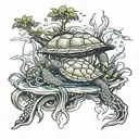 large piece with a mangrove tree and the roots going into the water, under the water is a sea turtle and a jellyfish tattoo design idea