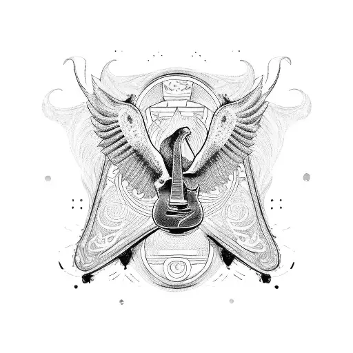 A blackwork tattoo of a linemen holding a guitar, with a demonic bird perched on top of it, representing the client's passion for both music and their occupation. tattoo design idea