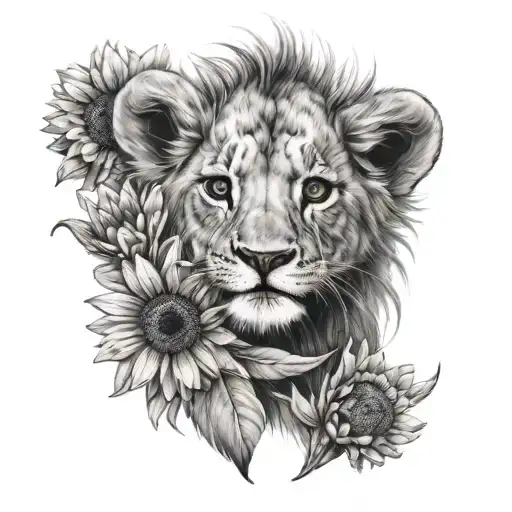 baby lion with a daisy flower tattoo design idea