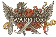 Warrior sword with wings and word warrior holding tattoo design idea
