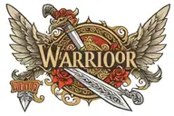 Warrior sword with wings and word warrior holding tattoo design idea
