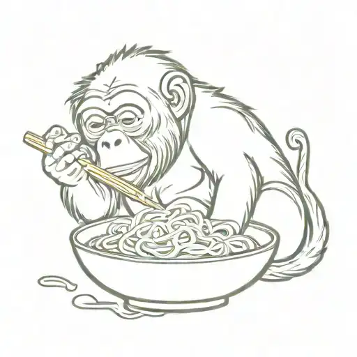 cute ape eating noodle soup realy thin lines tattoo design idea