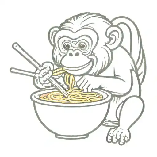 cute ape eating noodle soup fineline tattoo design idea