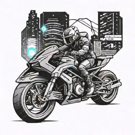 A futuristic cyberpunk cityscape with neon lights and gaming references intertwined, featuring a sleek motorcycle speeding through the scene tattoo design idea