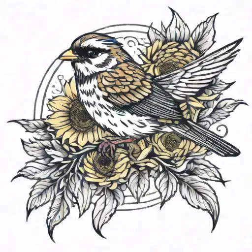 A fine line tattoo of a sparrow in flight, wings outstretched, delicately holding a sunflower in its talons tattoo design idea